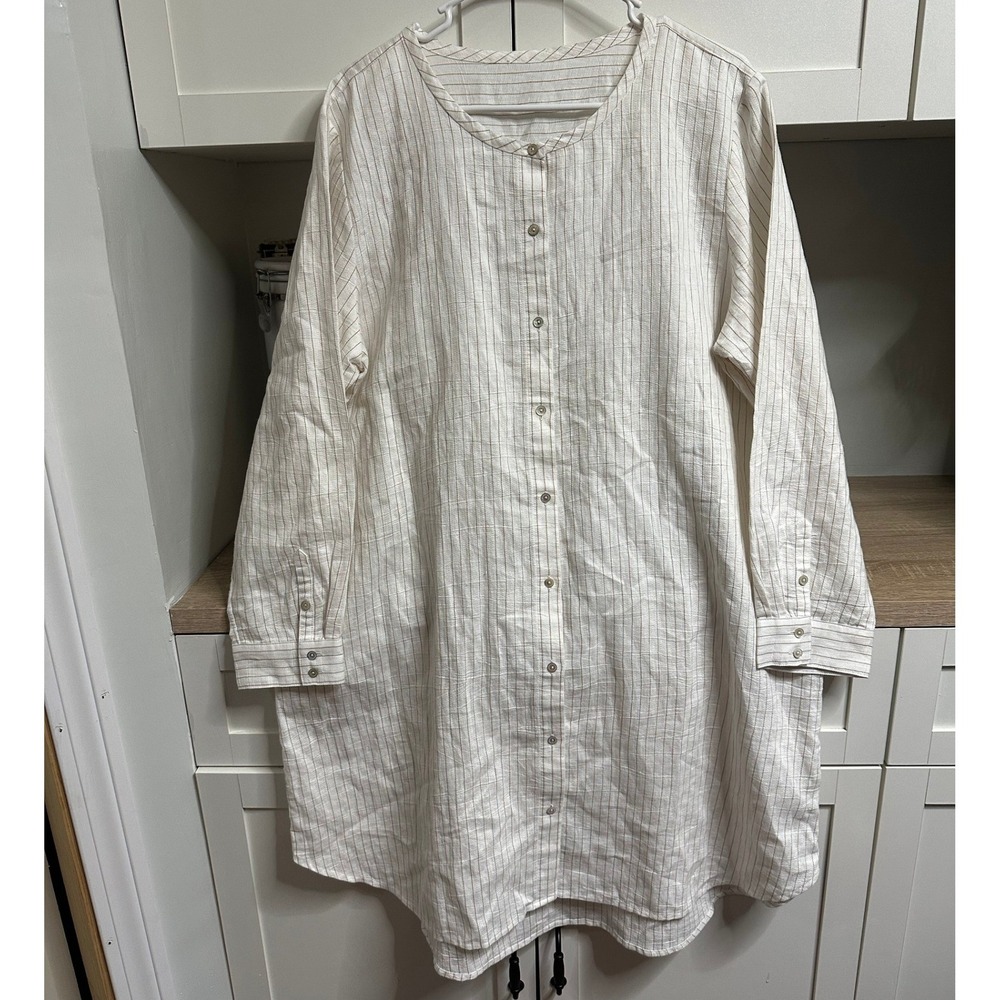 Eileen Fisher Tunic Dress Womens 2X Cream Striped Organic Linen Cotton Coastal